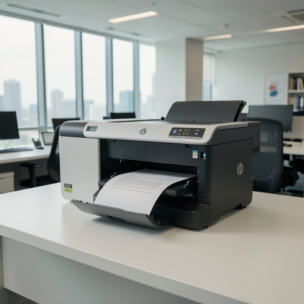 Ласерски штампач HP LaserJet Enterprise на белом столу у корпоративној канцеларији, тестирање штампе документа