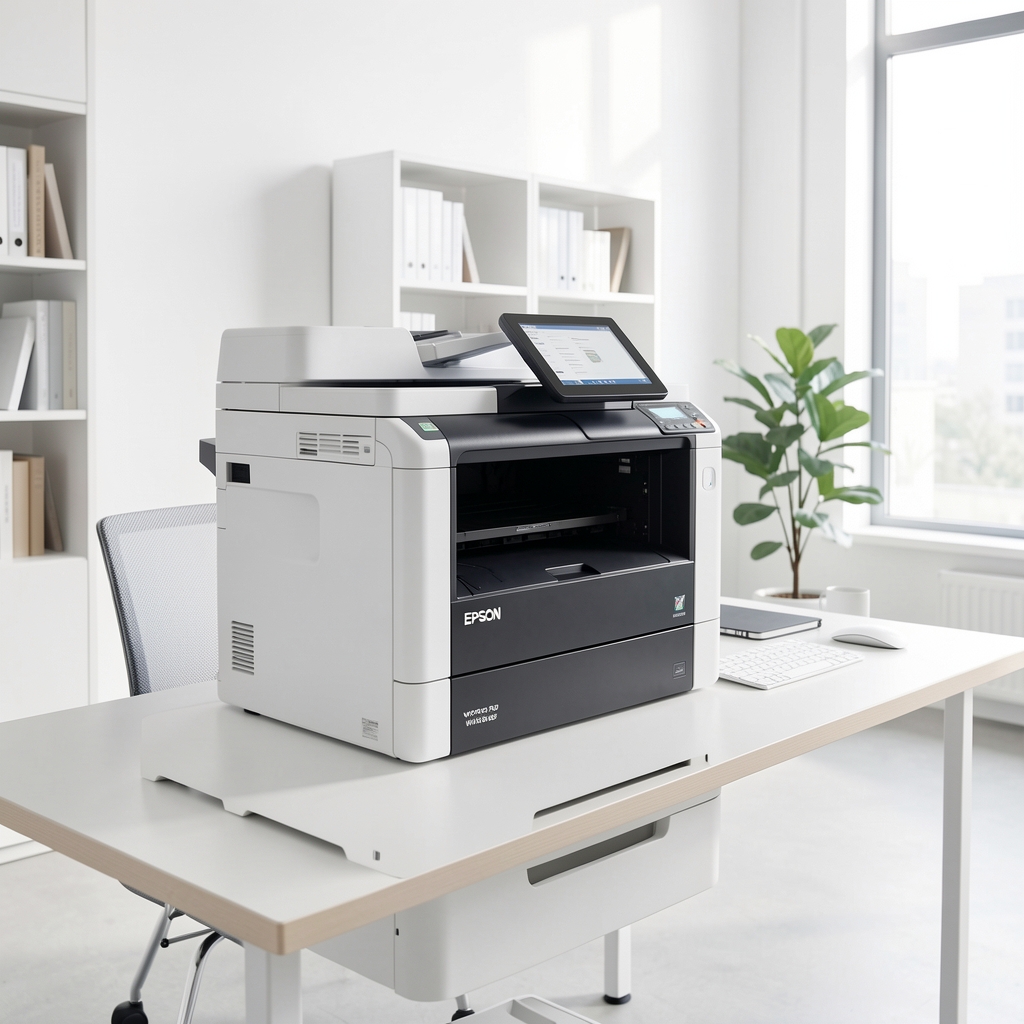 Epson WorkForce Pro WF-C8690DWF štampač u boji bele i crne boje sa ravnom prednjom stranom i ekranom