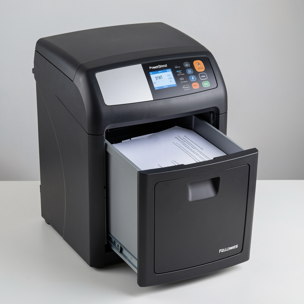 Fellowes PowerShred 99Ci uništač dokumenata crne boje sa sivim akcentima, prikazana otvorena ladica za otpad i kontrolna tabla